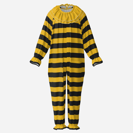 Circus Coveralls Bee Stripe Yellow Black clown suit, ghost mannequin front view