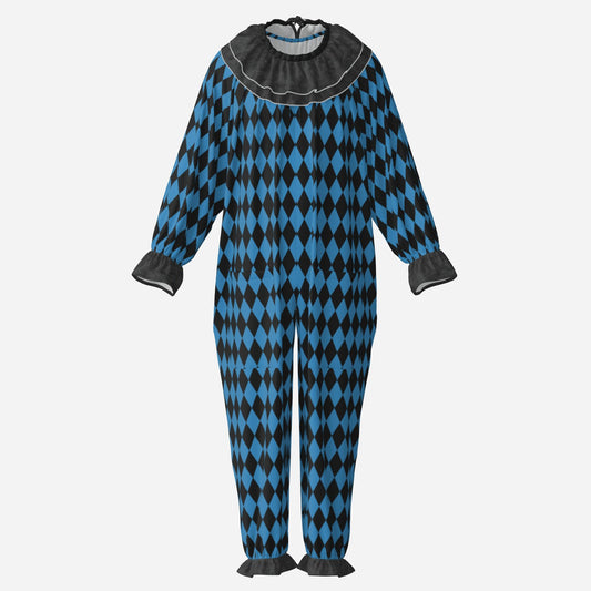 Circus Coveralls Black n Blue Harlequin Diamond clown suit, ghost mannequin front view