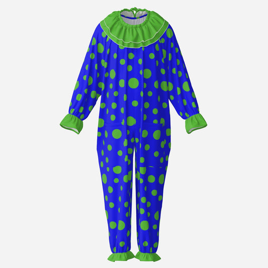 Circus Coveralls Blue Lime Green Polkadot clown suit, ghost mannequin front view