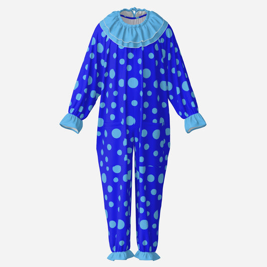 Circus Coveralls Blue Polkadots clown suit, ghost mannequin front view