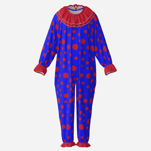 Circus Coveralls Blue Red Polkadots clown suit, ghost mannequin front view