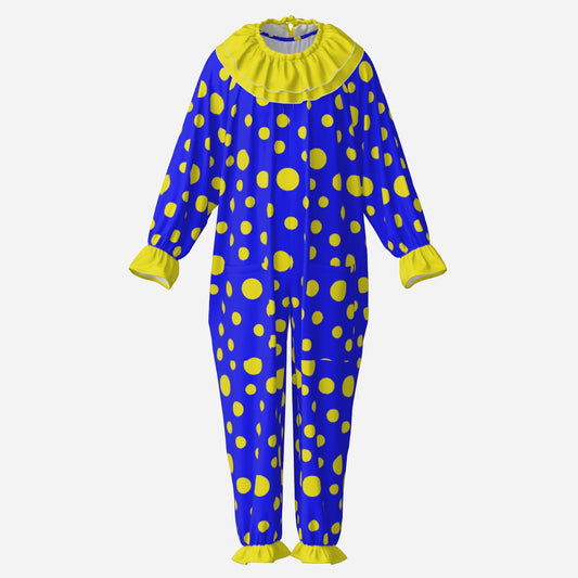 Circus Coveralls Blue Yellow Polkadots clown suit, ghost mannequin front view