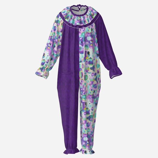 Circus Coveralls Bubblewave Purple Damask clown suit, ghost mannequin front view