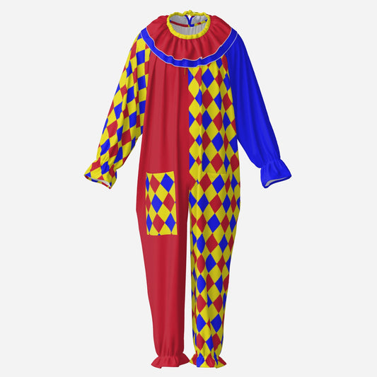 Circus Coveralls Carnival Primary Harlequin Jester clown suit, ghost mannequin front view