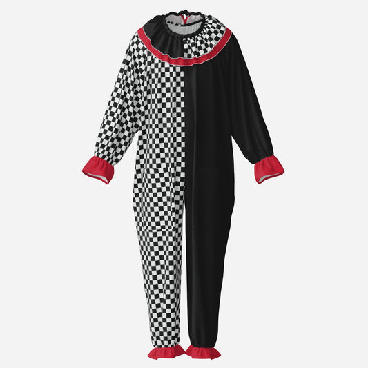 Circus Coveralls Checker Jester Bright Red Cuffs clown suit, ghost mannequin front view