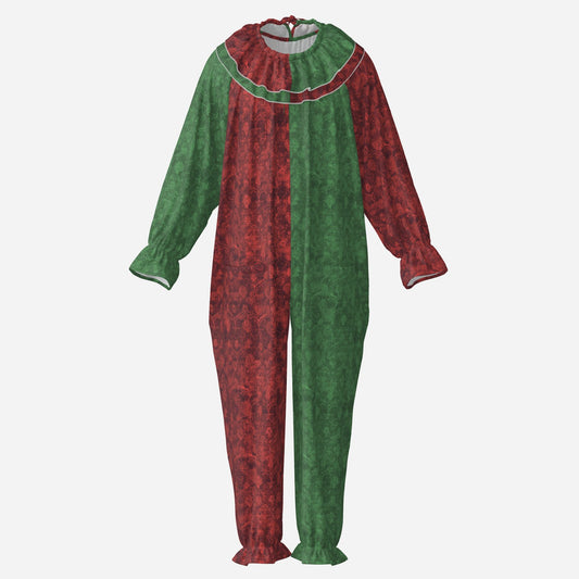 Circus Coveralls Christmas Damask Red Green clown suit, ghost mannequin front view