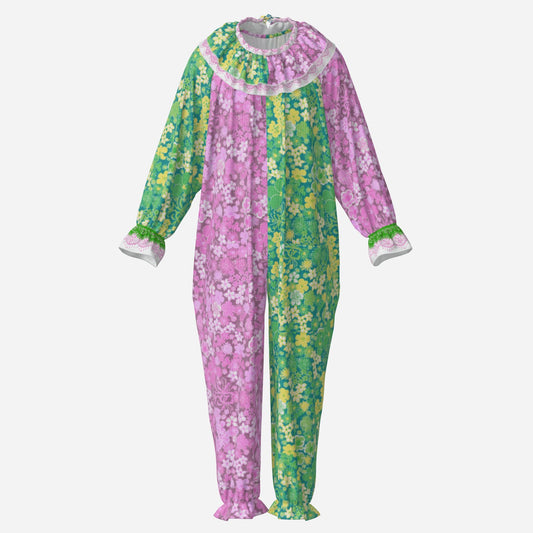 Circus Coveralls Cindy 60s Floral Pink Green clown suit, ghost mannequin front view