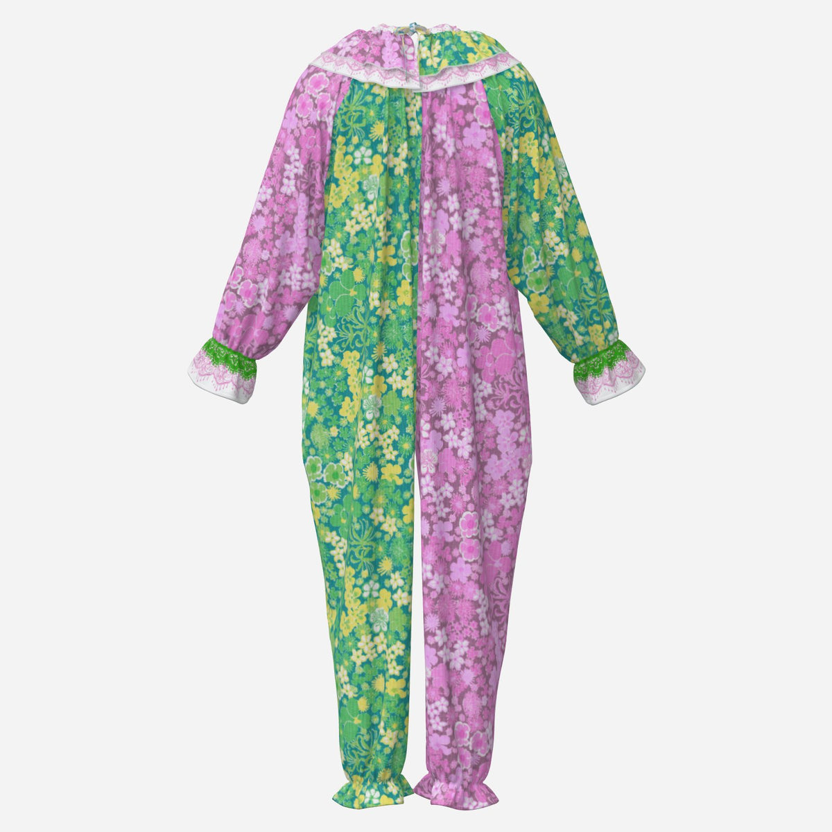 Circus Coveralls Cindy 60s Floral Pink Green clown suit, ghost mannequin back view