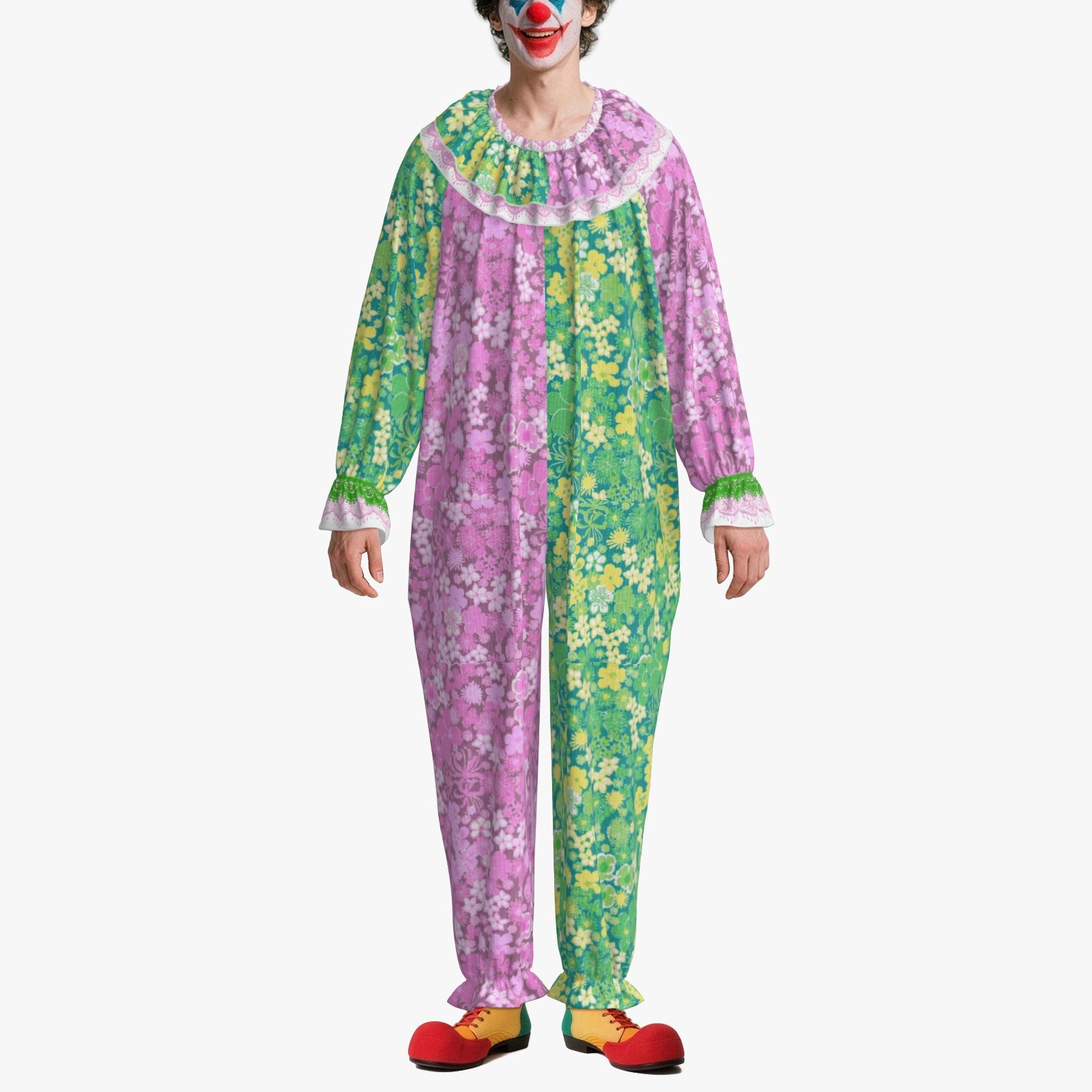 Circus Coveralls Cindy 60s Floral Pink Green clown suit, on-model view
