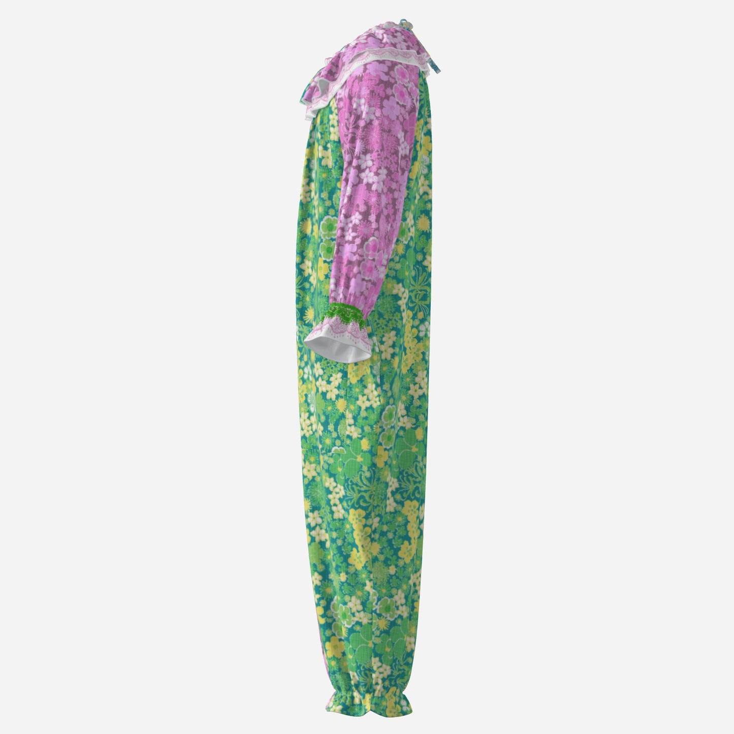 Circus Coveralls Cindy 60s Floral Pink Green clown suit, side view