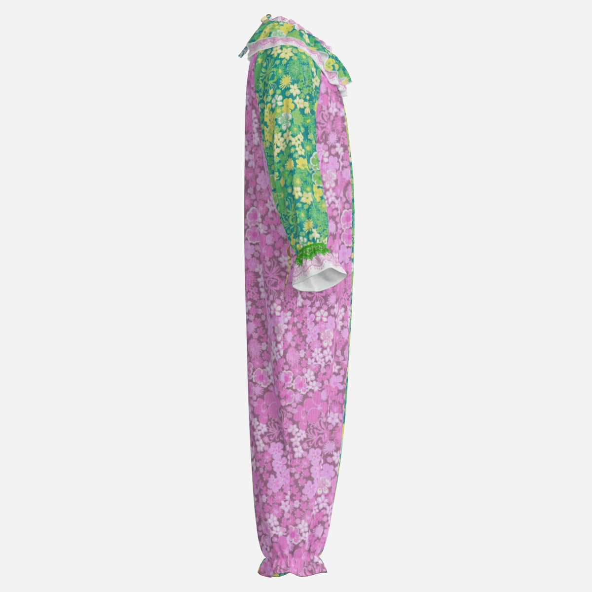 Circus Coveralls Cindy 60s Floral Pink Green clown suit, side view