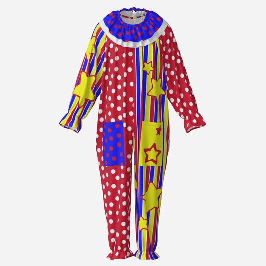 Circus Coveralls Clowny Stripe Stars Dots clown suit, ghost mannequin front view