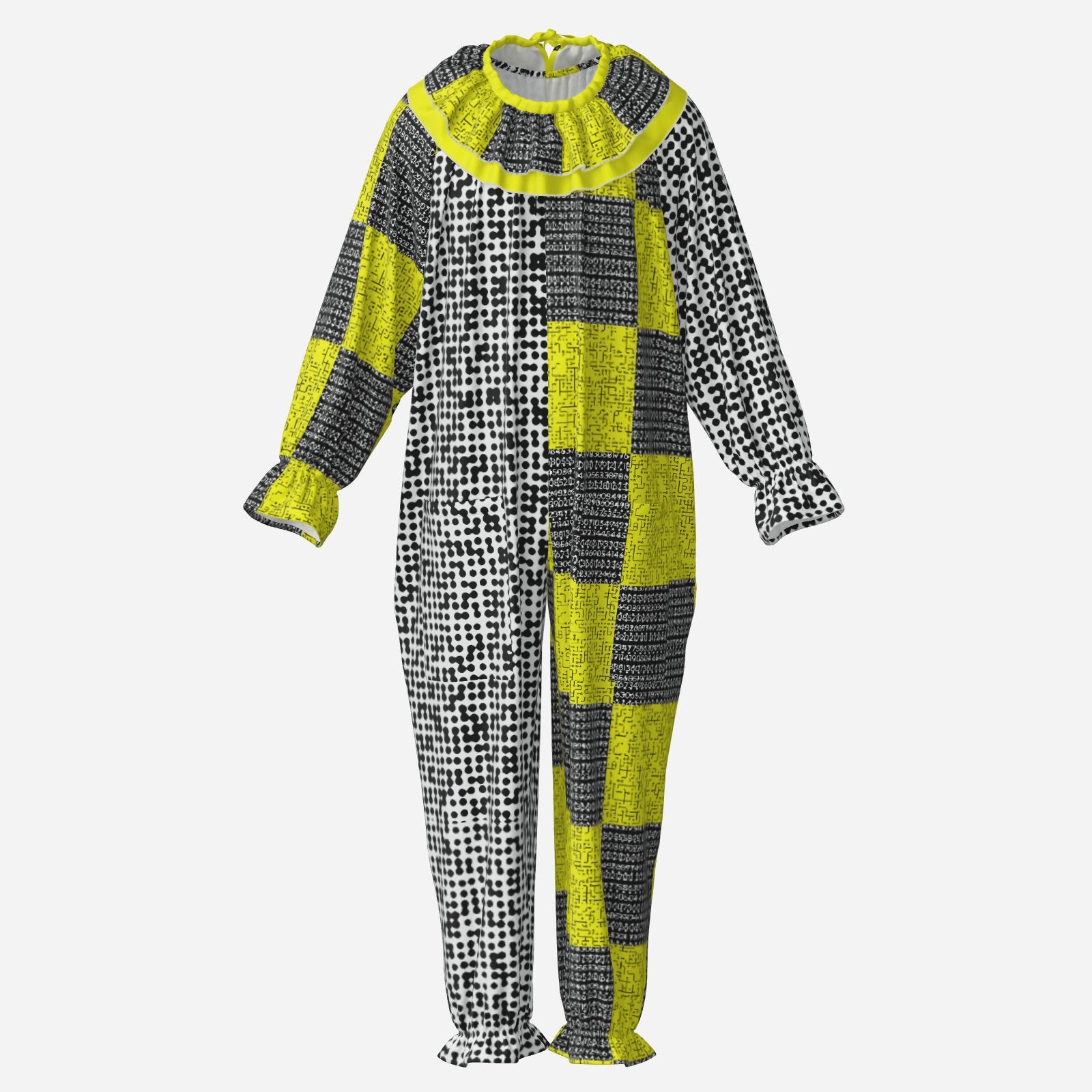 Circus Coveralls Cyber Security Risk Glitch clown suit, ghost mannequin front view