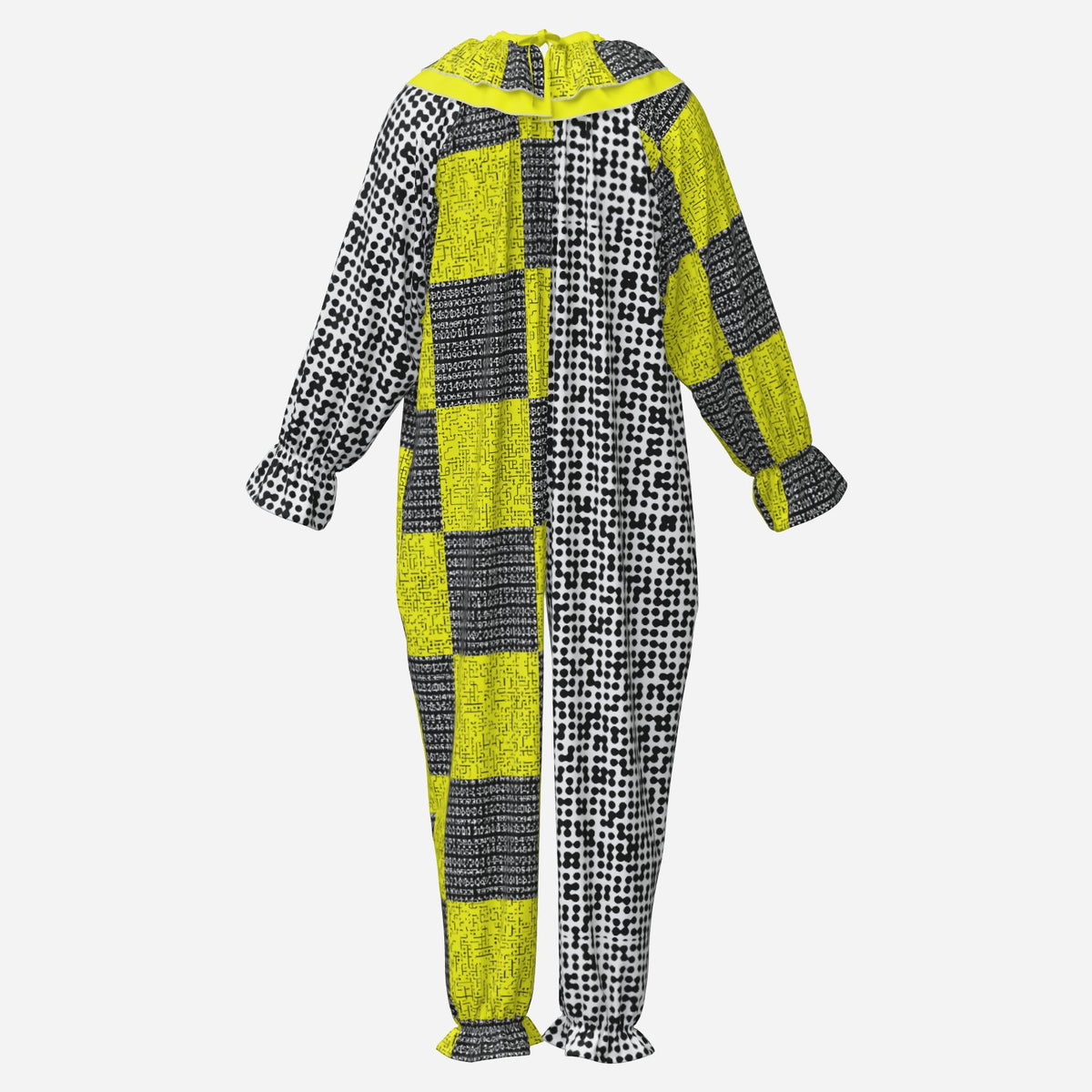 Circus Coveralls Cyber Security Risk Glitch clown suit, ghost mannequin back view