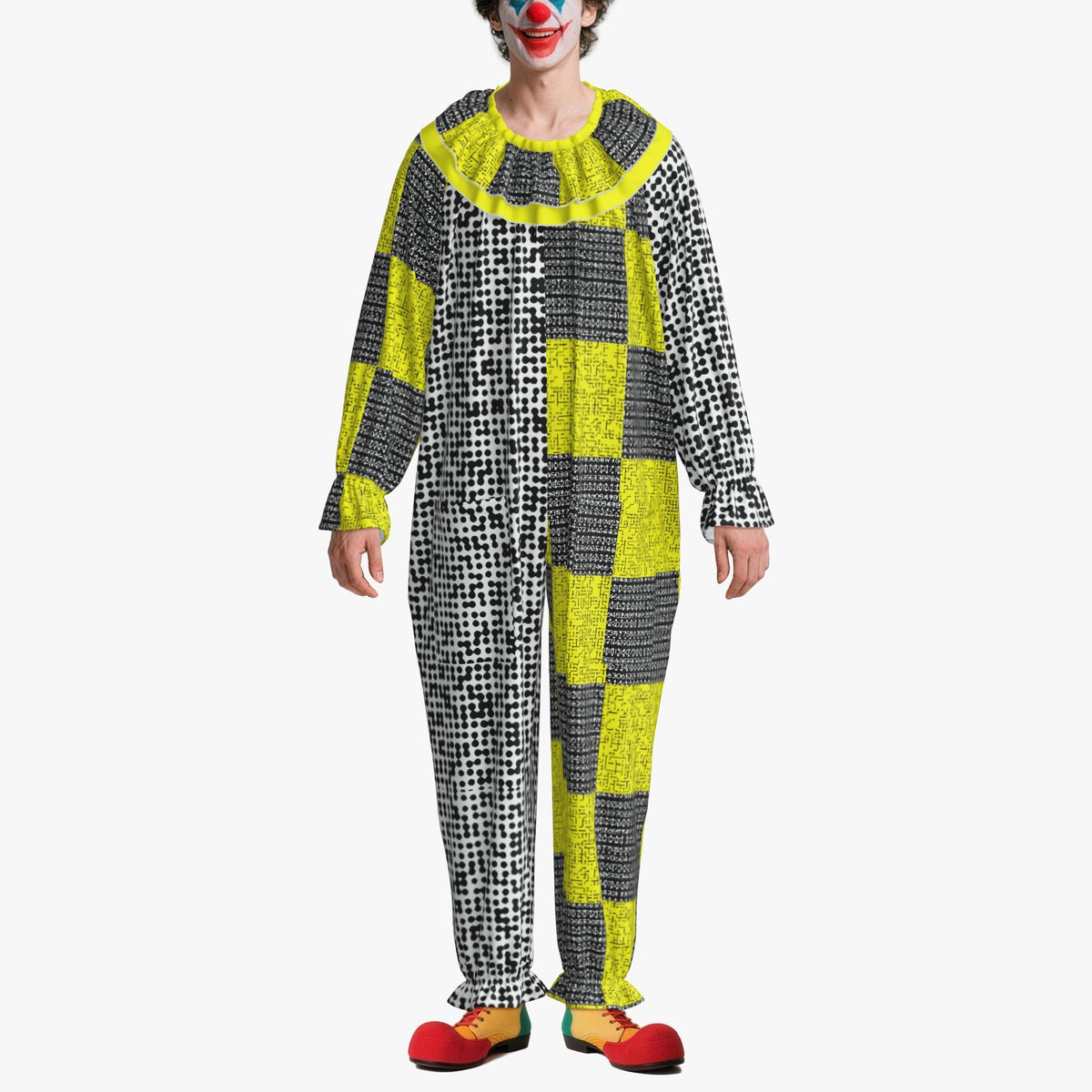 Circus Coveralls Cyber Security Risk Glitch clown suit, on-model view