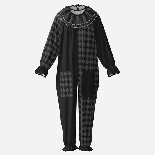 Circus Coveralls Dark Grey Black Harlequin Whimsigoth clown suit, ghost mannequin front view