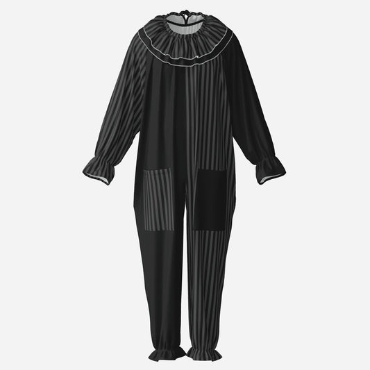 Circus Coveralls Dark Grey Black Stripe Whimsigoth clown suit, ghost mannequin front view