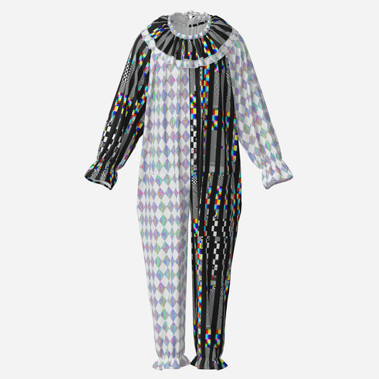 Circus Coveralls Glitch Stripe Holo Harlequin Jester clown suit, ghost mannequin front view