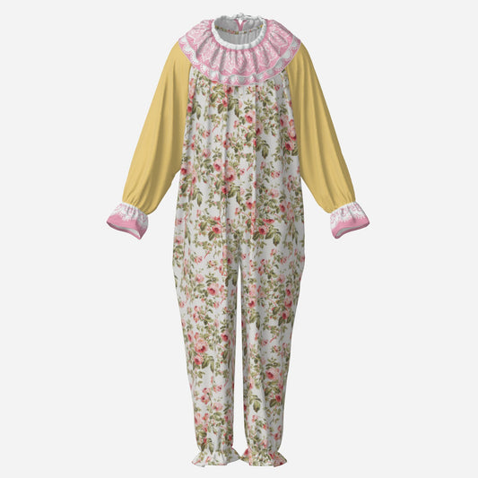 Circus Coveralls Grandma Rosy Pastel Pink Yellow Floral clown suit, ghost mannequin front view