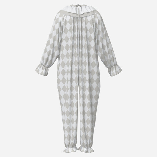Circus Coveralls Harlequin Bone White Jester clown suit, ghost mannequin back view