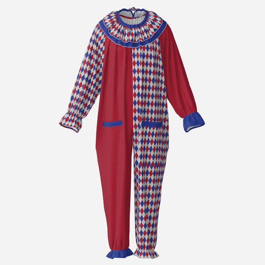 Circus Coveralls Harlequin Heraldic Red Blue clown suit, ghost mannequin front view
