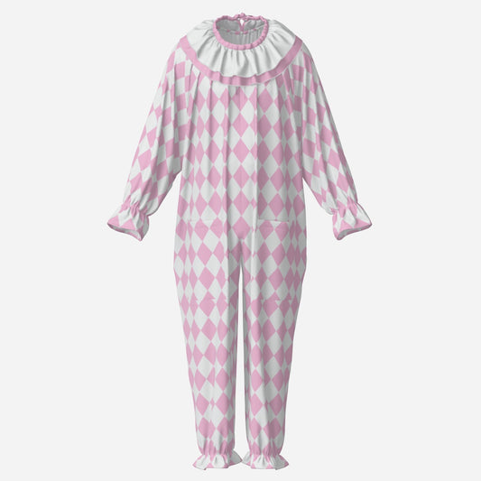 Circus Coveralls Harlequin Yume Pink Pastel Jester clown suit, ghost mannequin front view