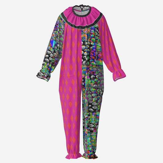 Circus Coveralls Hot Pink Glitch Eyes Weirdcore Rave clown suit, ghost mannequin front view