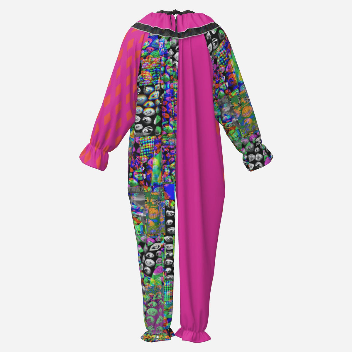 Circus Coveralls Hot Pink Glitch Eyes Weirdcore Rave clown suit, ghost mannequin back view