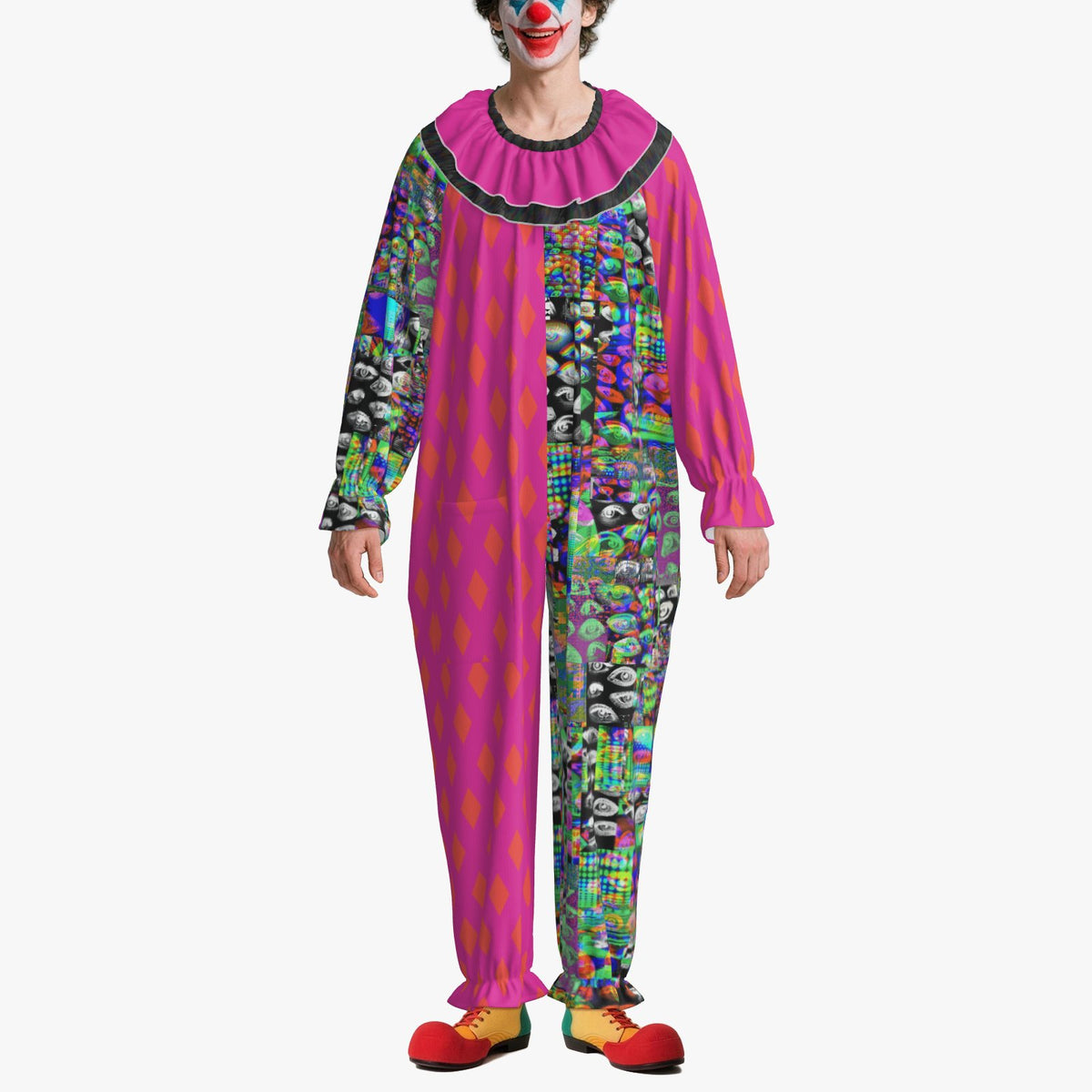 Circus Coveralls Hot Pink Glitch Eyes Weirdcore Rave clown suit, on-model front view