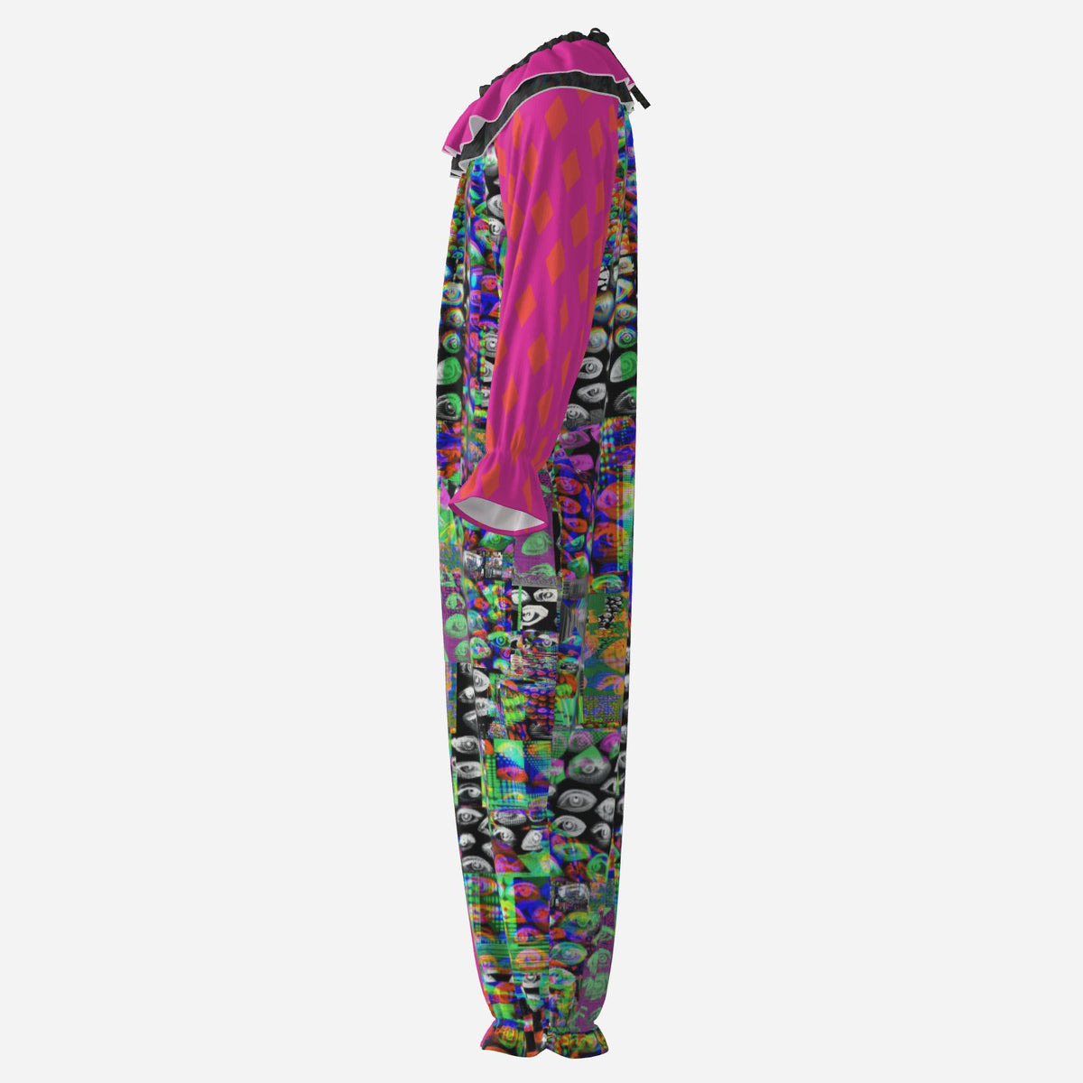 Circus Coveralls Hot Pink Glitch Eyes Weirdcore Rave clown suit, side view
