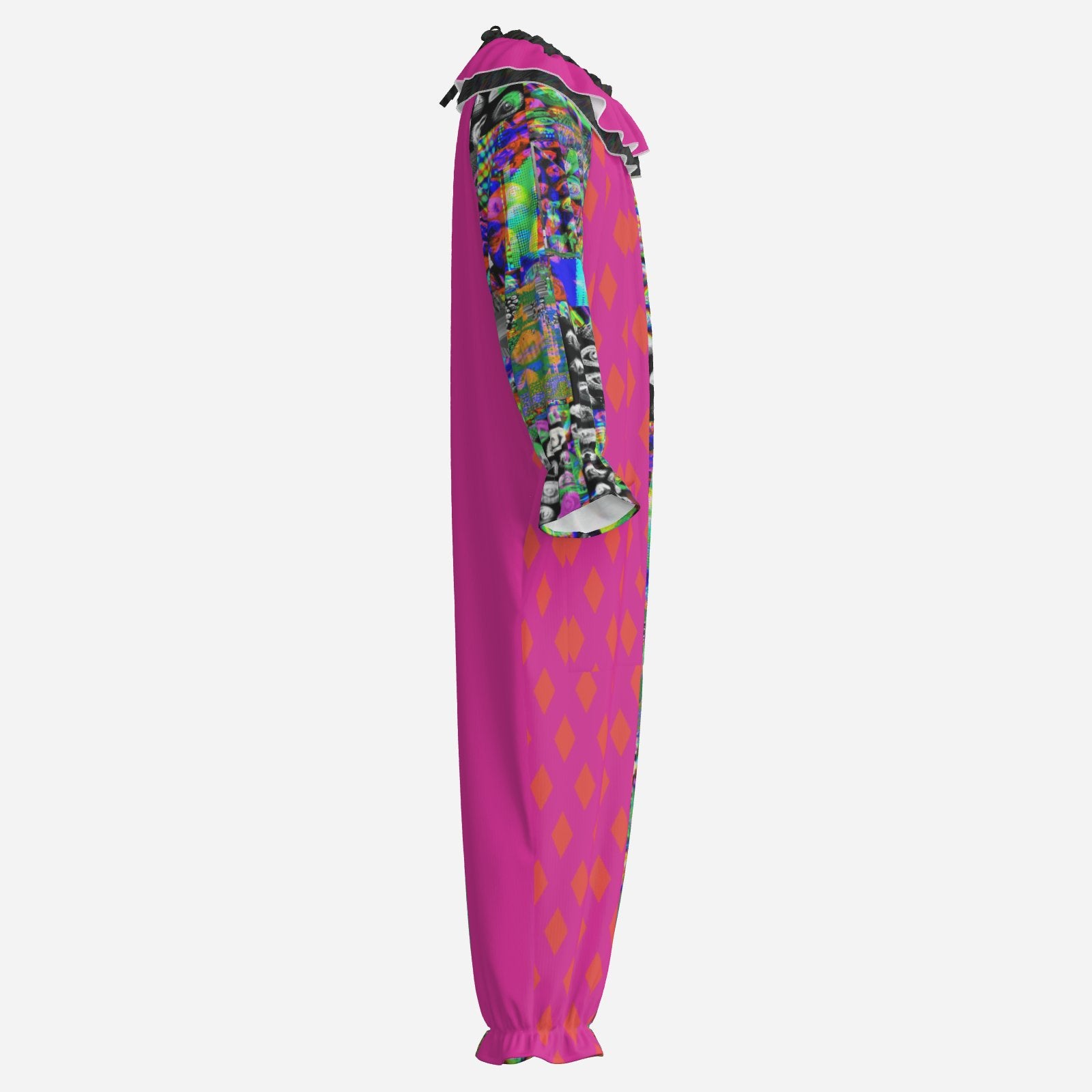 Circus Coveralls Hot Pink Glitch Eyes Weirdcore Rave clown suit, side view