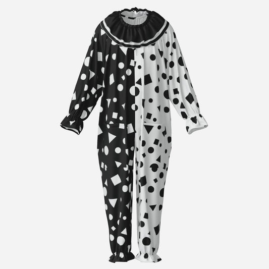 Circus Coveralls Joyblocks Black White Shapes clown suit, ghost mannequin front view