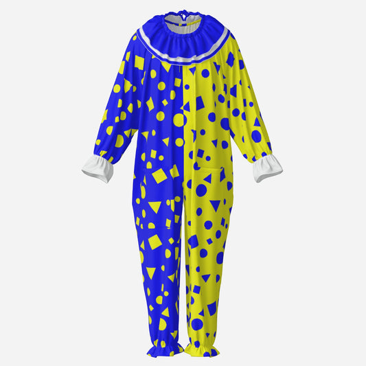 Circus Coveralls Joyblocks Blue Yellow Shapes clown suit, ghost mannequin front view