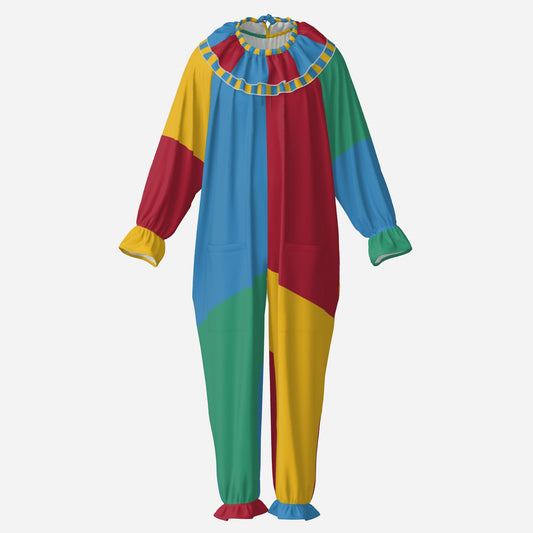 Circus Coveralls Motley Colorblock Jester clown suit, ghost mannequin front view