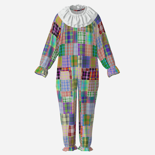 Circus Coveralls Patchalina Motley Professional clown suit, ghost mannequin front view
