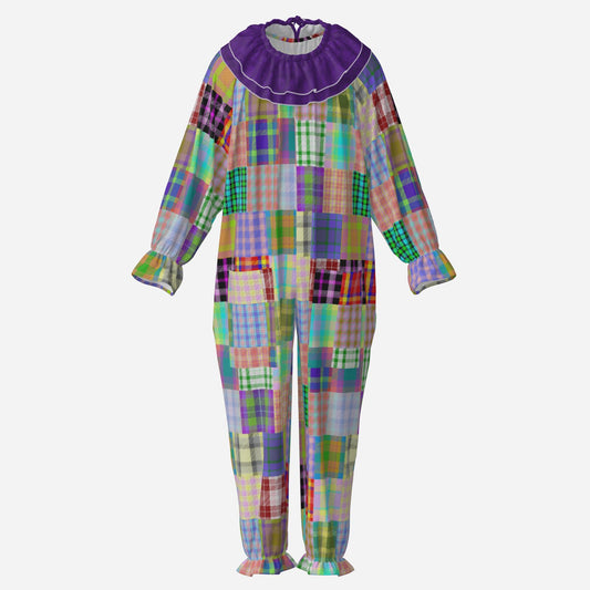 Circus Coveralls Patchalina Purple clown suit, ghost mannequin front view