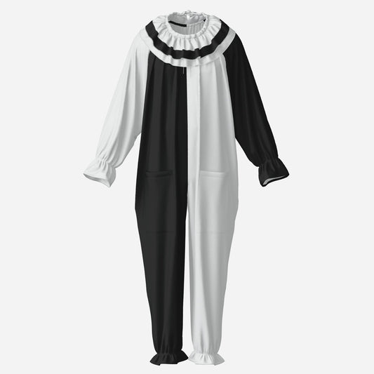 Circus Coveralls Pierrot Split Black White clown suit, ghost mannequin front view