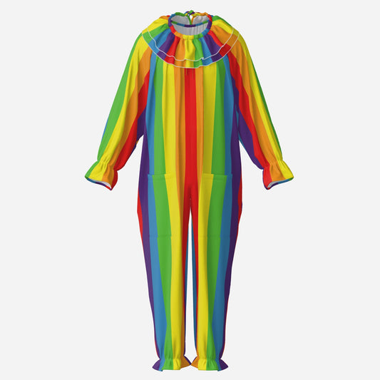 Circus Coveralls Rainbow Boss Stripe clown suit, ghost mannequin front view