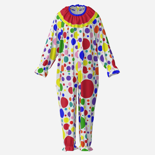 Circus Coveralls Rainbow Spots Polka Dot clown suit, ghost mannequin front view