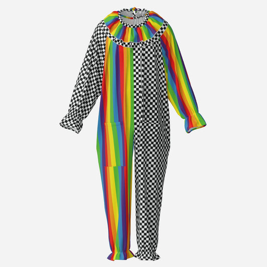 Circus Coveralls Rainbow Stripe Checker clown suit, ghost mannequin front view