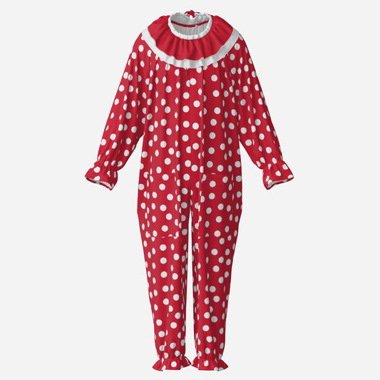 Circus Coveralls Red Polkadot clown suit, ghost mannequin front view