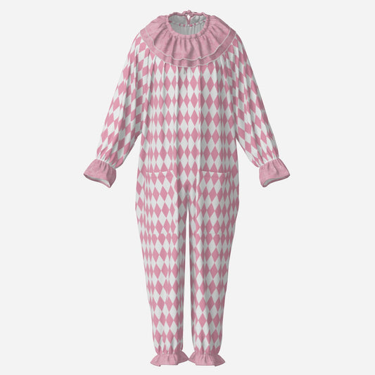 Circus Coveralls Rosy Pink White Harlequin Pastel clown suit, ghost mannequin front view