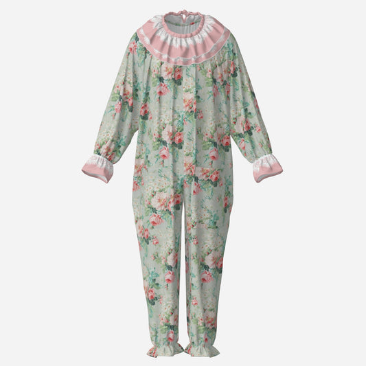 Circus Coveralls Soft Teal Tea Rose clown suit, ghost mannequin front view