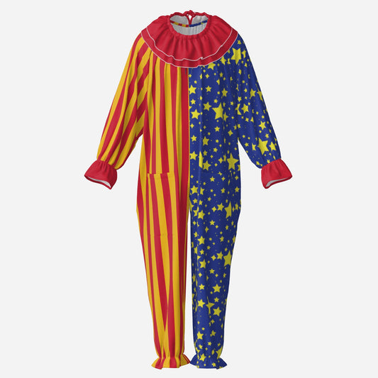Circus Coveralls Sun Stripe Night Stardust Jester clown suit, ghost mannequin front view