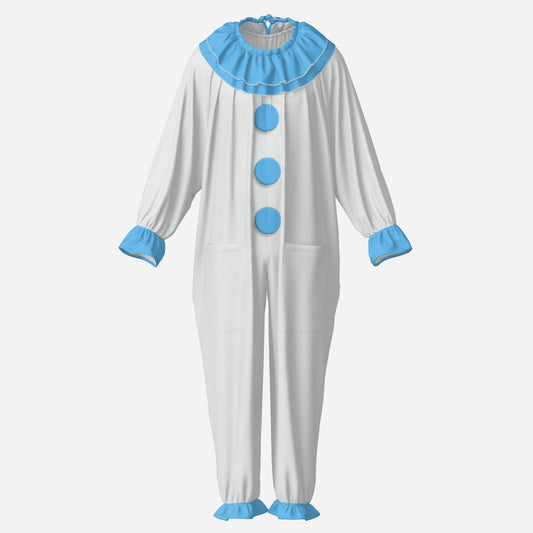 Circus Coveralls White Pierrot Baby Blue clown suit, ghost mannequin front view