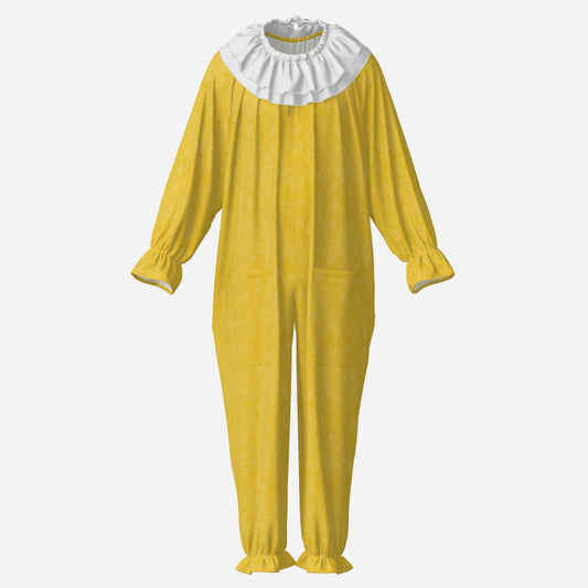 Circus Coveralls Yellow Citrine Damask clown suit, ghost mannequin front view