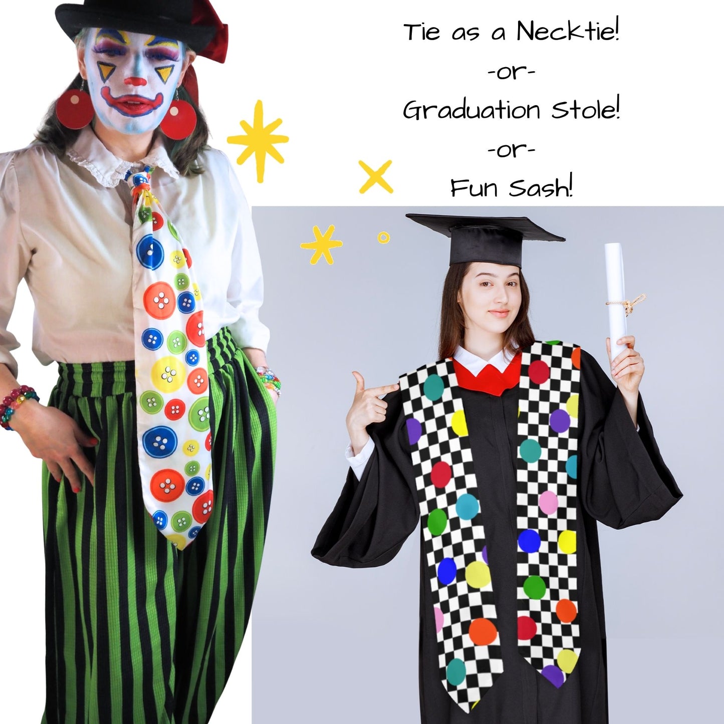 Confetti Check Clown Necktie Graduation Stole