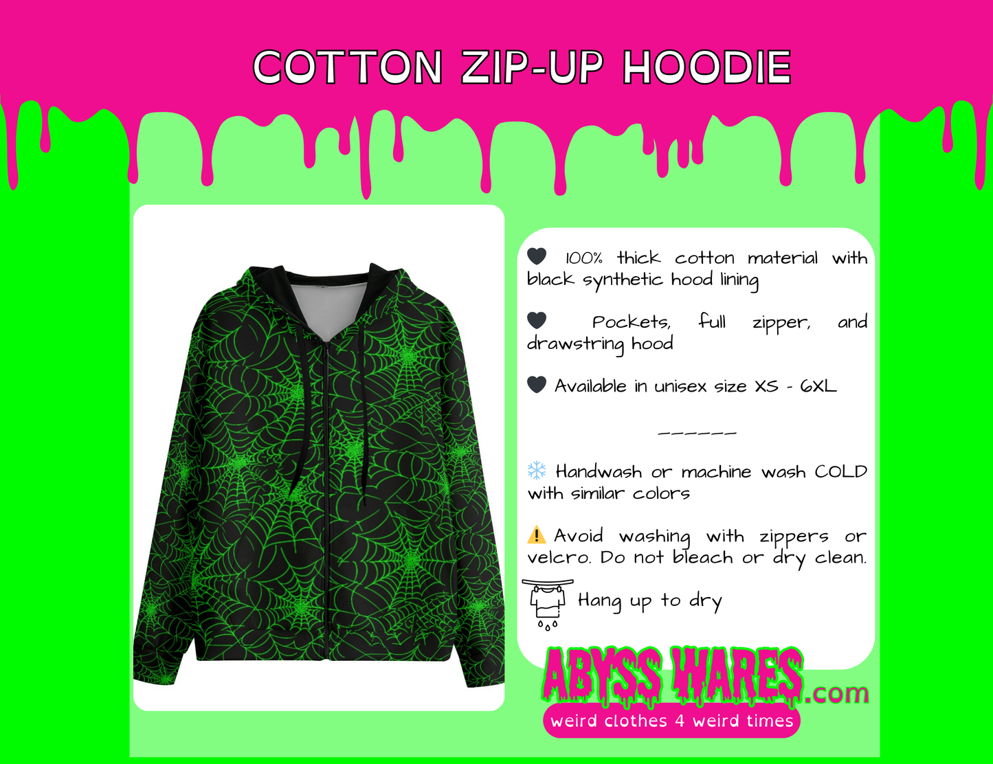 Cotton zip-up hoodie with green spider web design on a pink and green background, featuring product details and brand name.