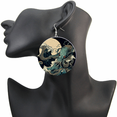 Abyssal Dreams wood earrings Neo Ukiyo-e Cthulhu | Grey Blue Moon Waves