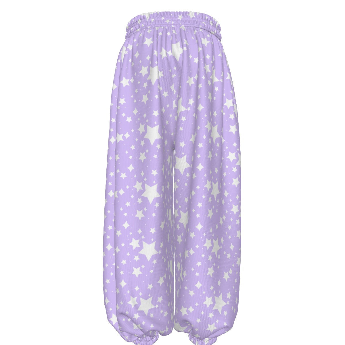 Lavender pants with star pattern on a white background